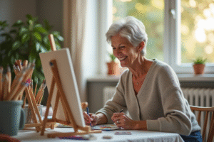 Femme senior souriante peignant dans un salon lumineux