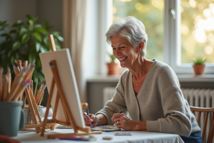 Femme senior souriante peignant dans un salon lumineux