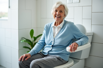 Femme senior assise sur un siège de toilette moderne et accessible