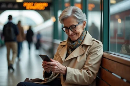 Femme senior souriante utilisant son smartphone à la gare