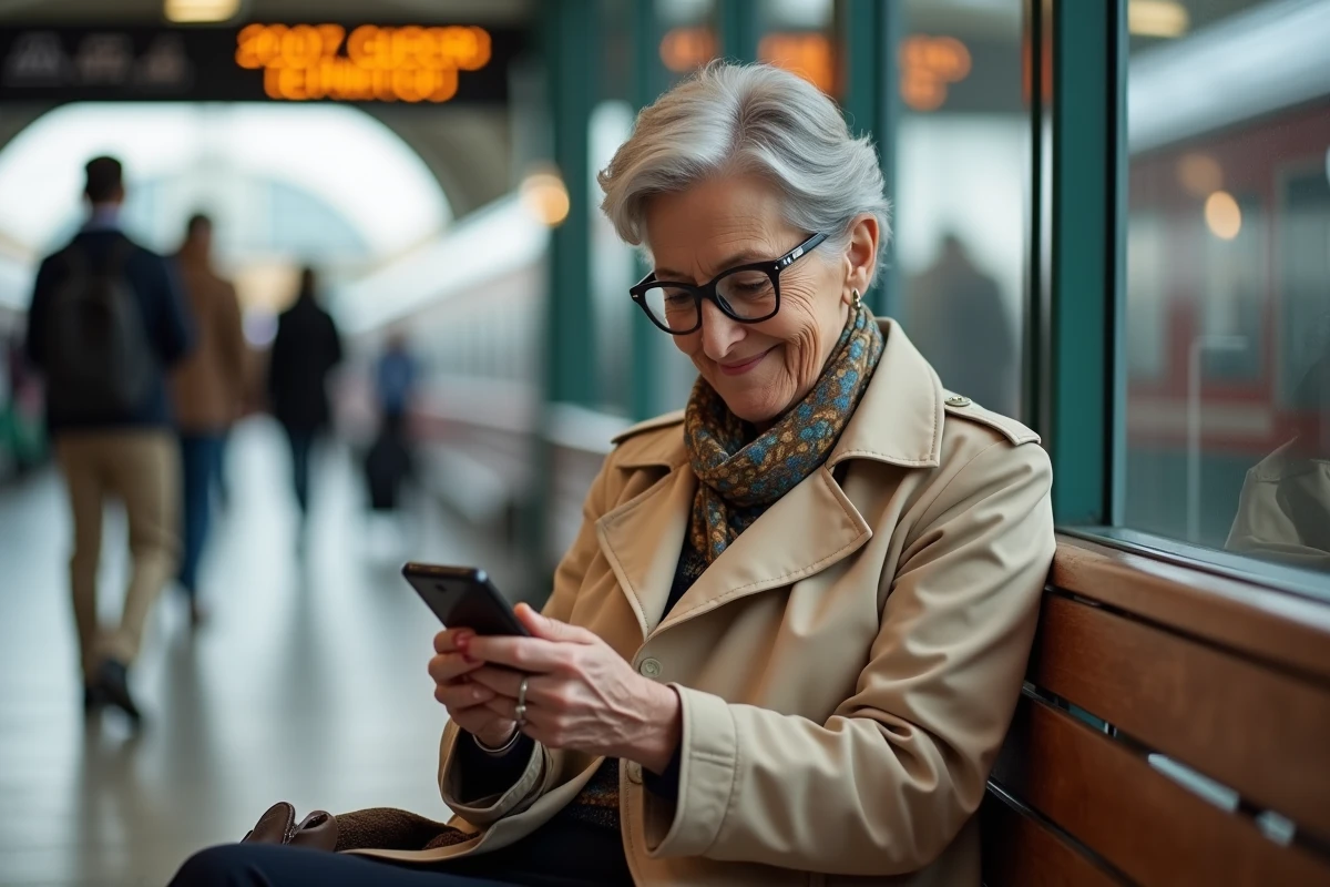 Femme senior souriante utilisant son smartphone à la gare