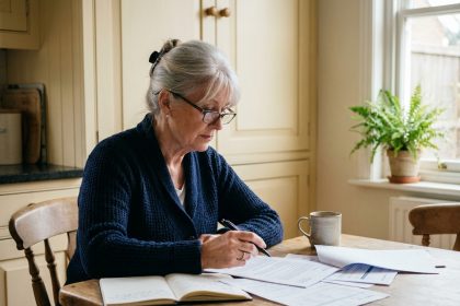 Femme senior qui vérifie des documents d'aides financières à la table de sa cuisine