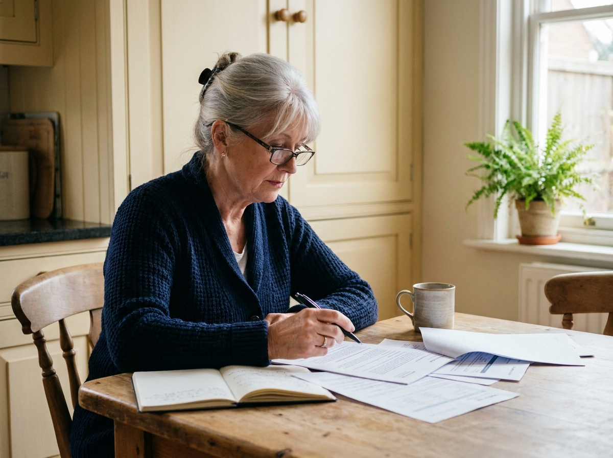 Femme senior qui vérifie des documents d'aides financières à la table de sa cuisine