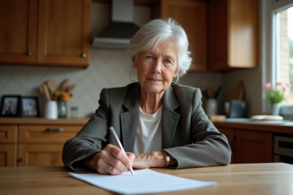 Femme âgée signant un document dans la cuisine chaleureuse