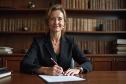Femme d'âge moyen signant un document officiel dans un bureau notarial
