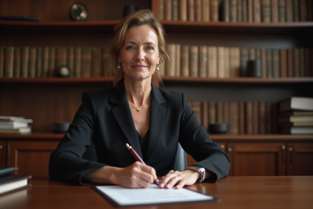 Femme d'âge moyen signant un document officiel dans un bureau notarial