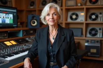 Femme confiante en studio musique vintage et moderne