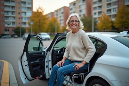 Femme d'âge moyen en jeans et pull léger sort d'une voiture en fauteuil
