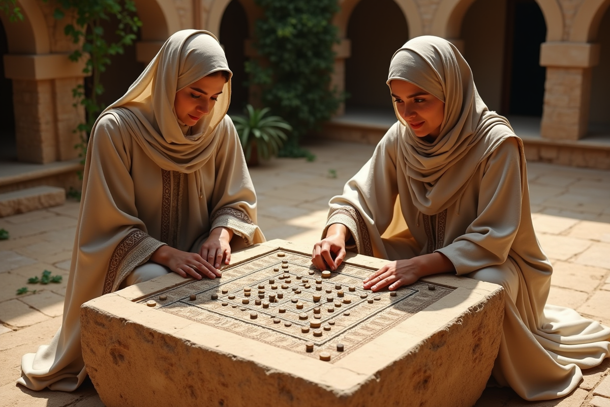 Deux femmes disposant des pièces sur un plateau de jeu dans une cour ancienne