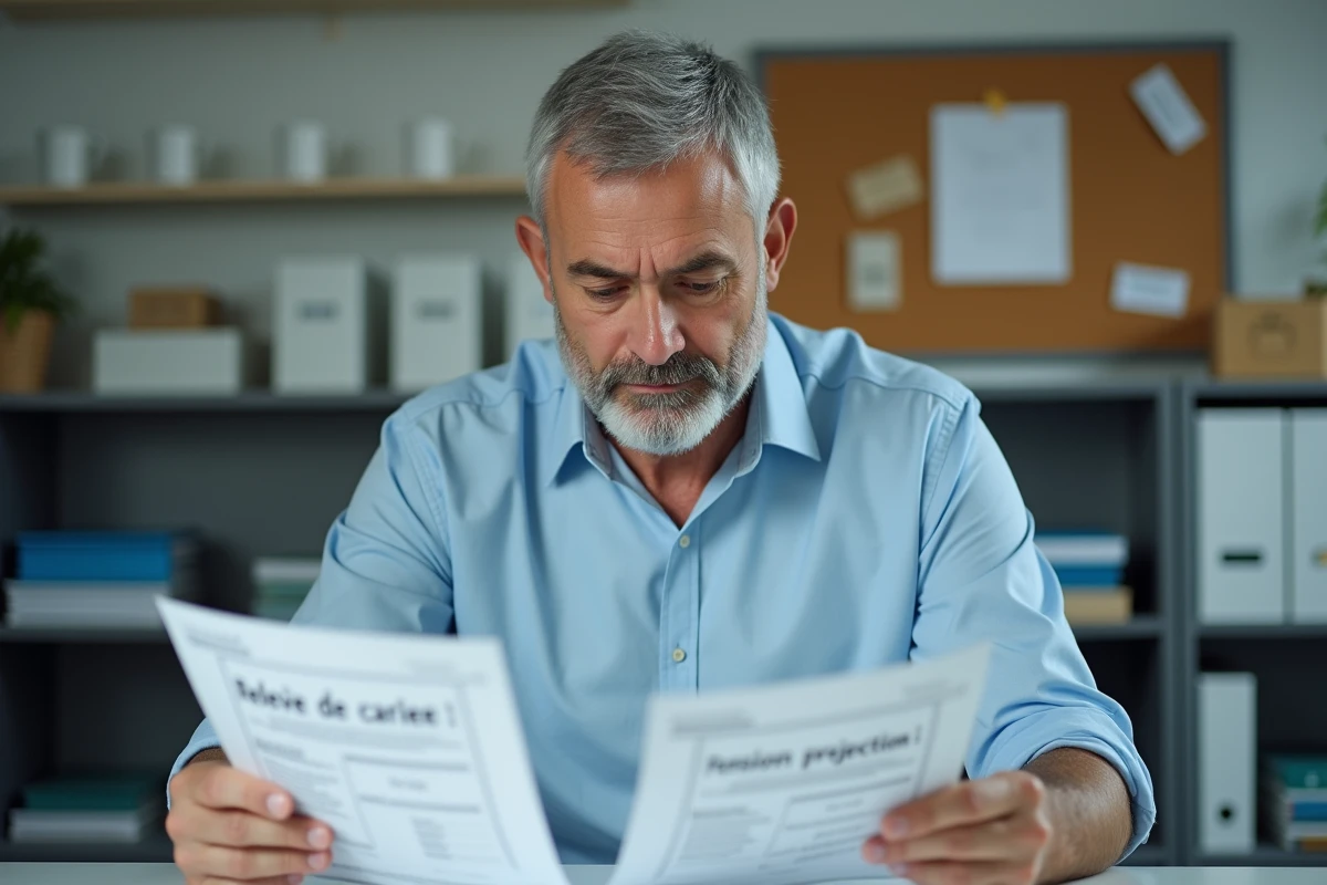 Fonctionnaire de l'éducation nationale comparant des documents de calcul de pension retraite dans un bureau administratif scolaire