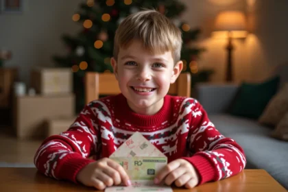 Garçon souriant de 8 ans déballant un billet de banque à Noël