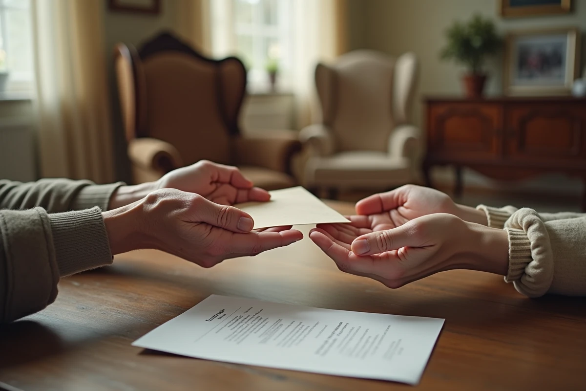 Mains d'une personne âgée remettant une enveloppe à un proche, symbolisant la donation et la transmission intergénérationnelle