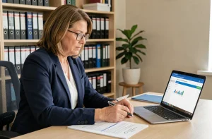 Femme professionnelle vérifiant des documents de gestion de tutelle sur un portail administratif sécurisé en ligne