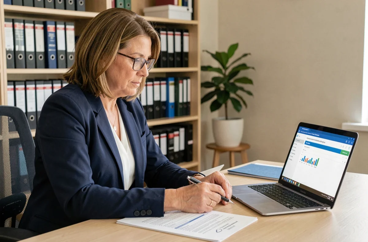 Femme professionnelle vérifiant des documents de gestion de tutelle sur un portail administratif sécurisé en ligne