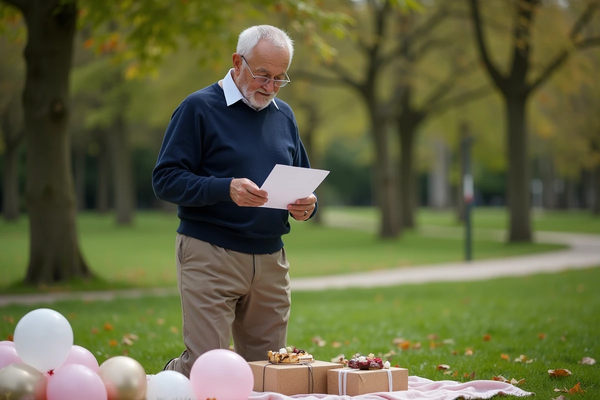Grand-pere lisant une lettre d anniversaire dans un parc