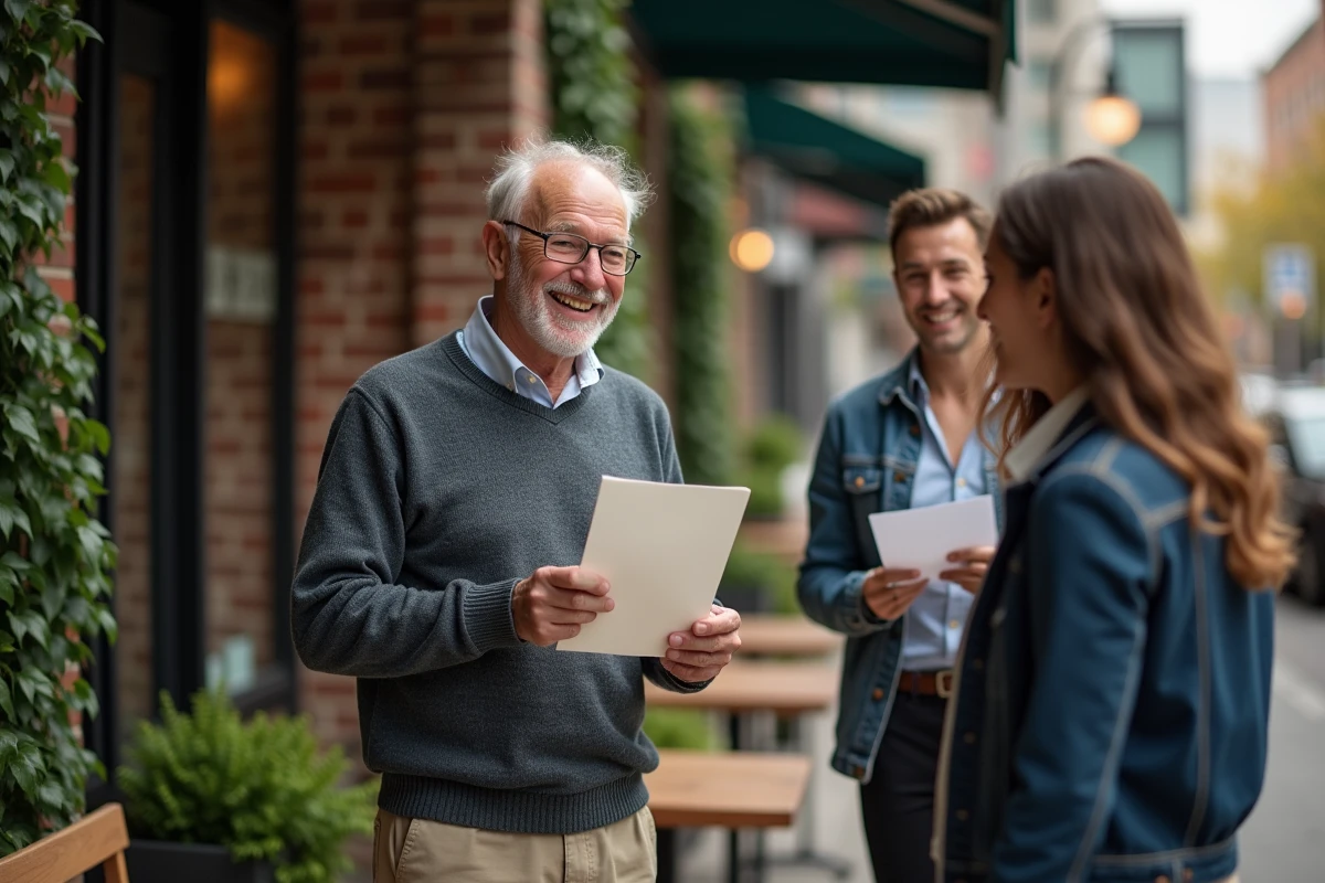 Groupe de collègues souriants saluant dehors d