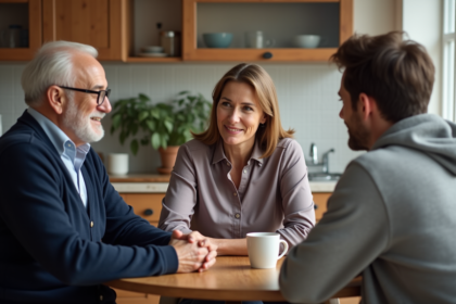 Groupe de trois personnes de générations différentes en discussion