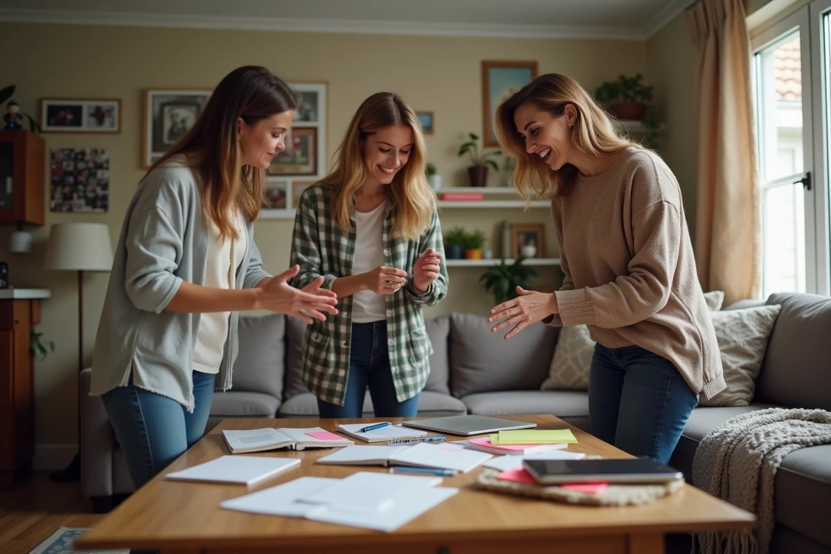 Trois adultes discutant autour d une table dans un salon convivial