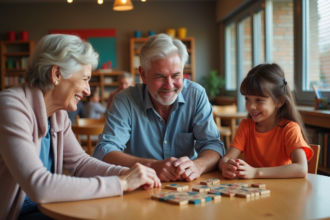 Trois générations jouent à un jeu de société dans un centre communautaire