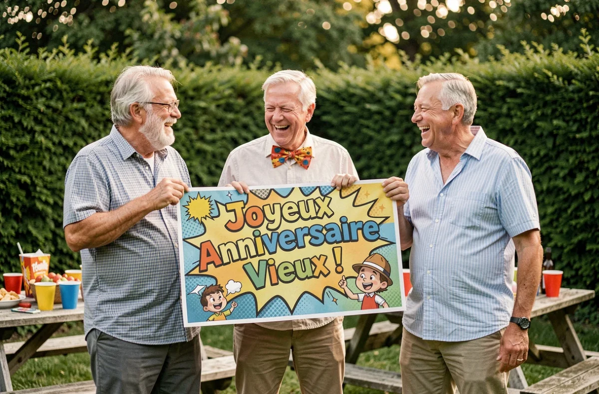 Groupe d'hommes autour de 60 ans qui rient en tenant une banderole d'anniversaire humoristique lors d'une fête en jardin