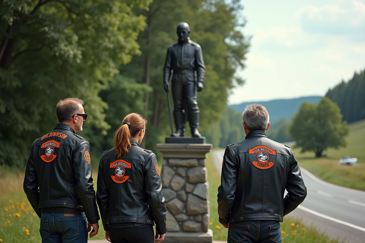 Groupe de motards devant statue Saint Christophe en nature