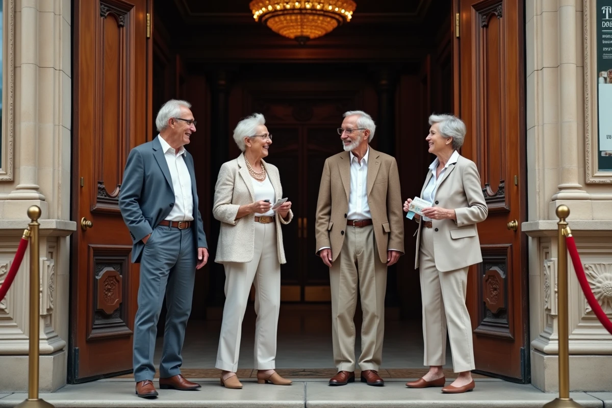 Groupe de seniors bien habillés à l'entrée d'une salle de concert parisienne tenant des billets pour une sortie culturelle