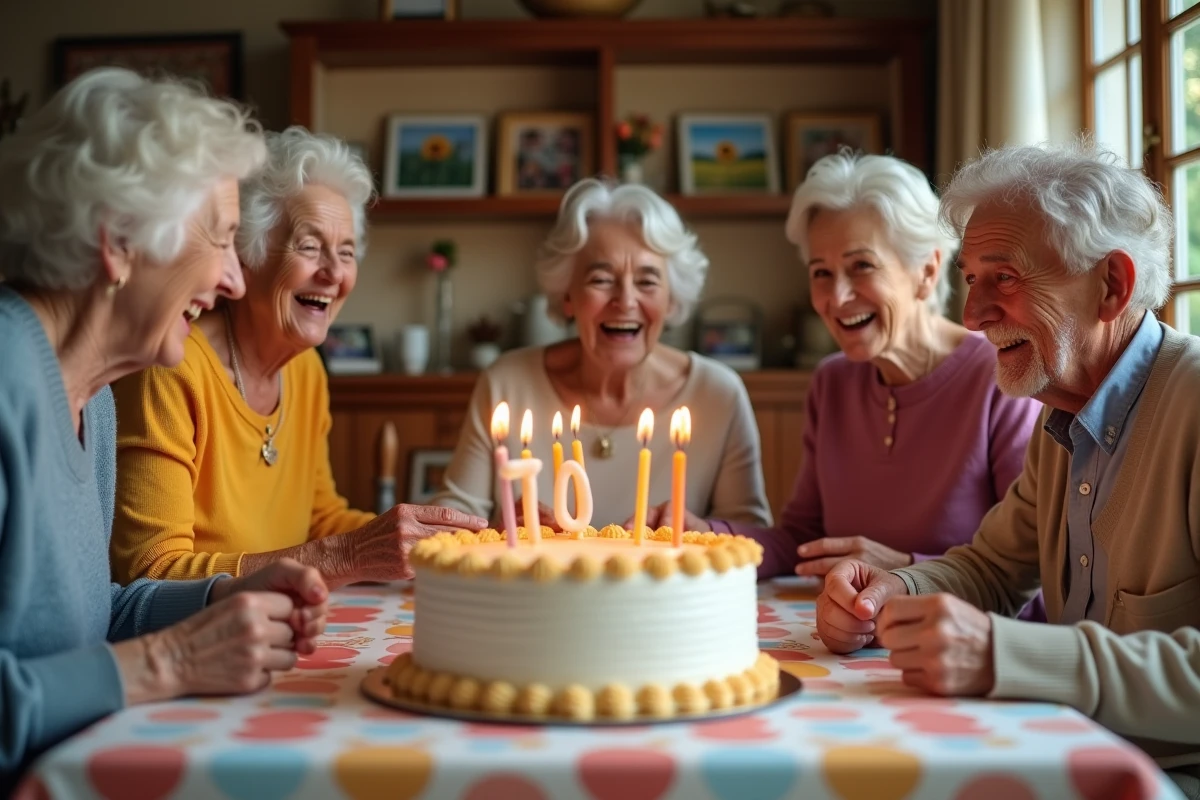 Groupe d'amis seniors fêtant un anniversaire de 70 ans autour d'un gâteau avec humour