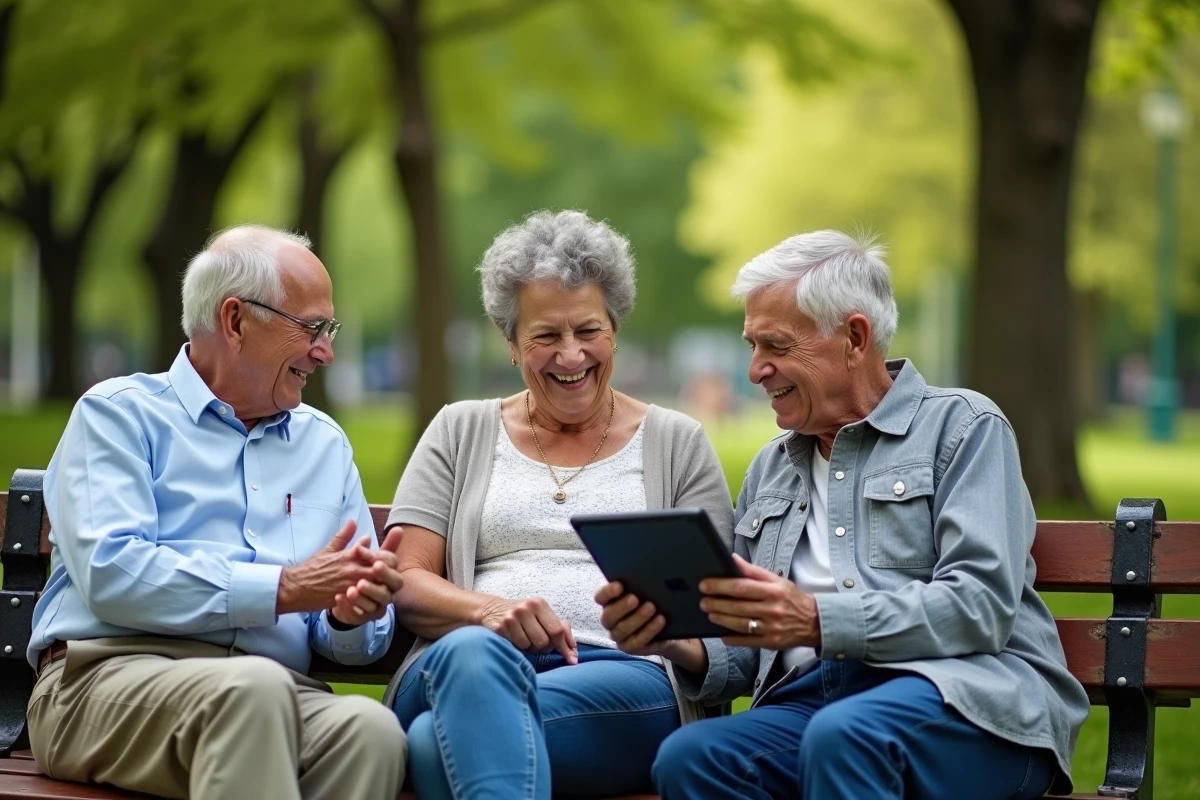 Groupe de seniors discutant dans un parc avec un tablet
