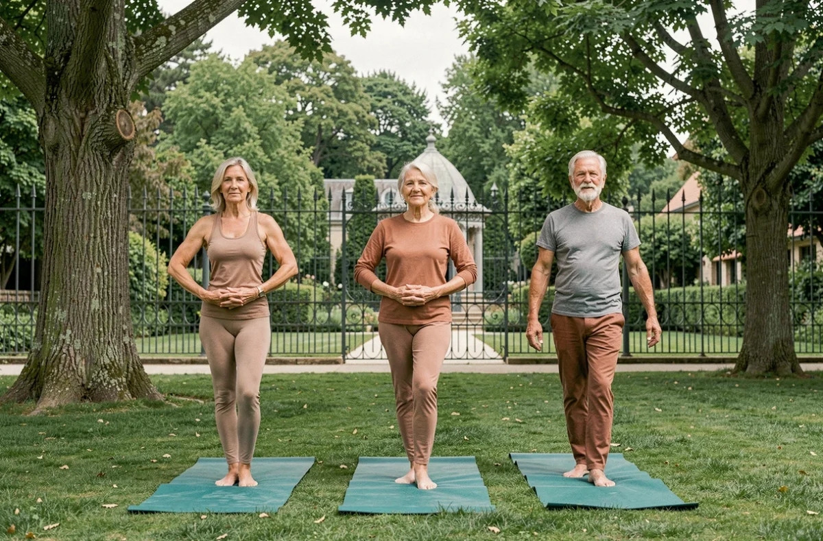Groupe de seniors pratiquant le yoga en plein air au Jardin des Plantes de Toulouse, illustration du bien-être et de la convivialité