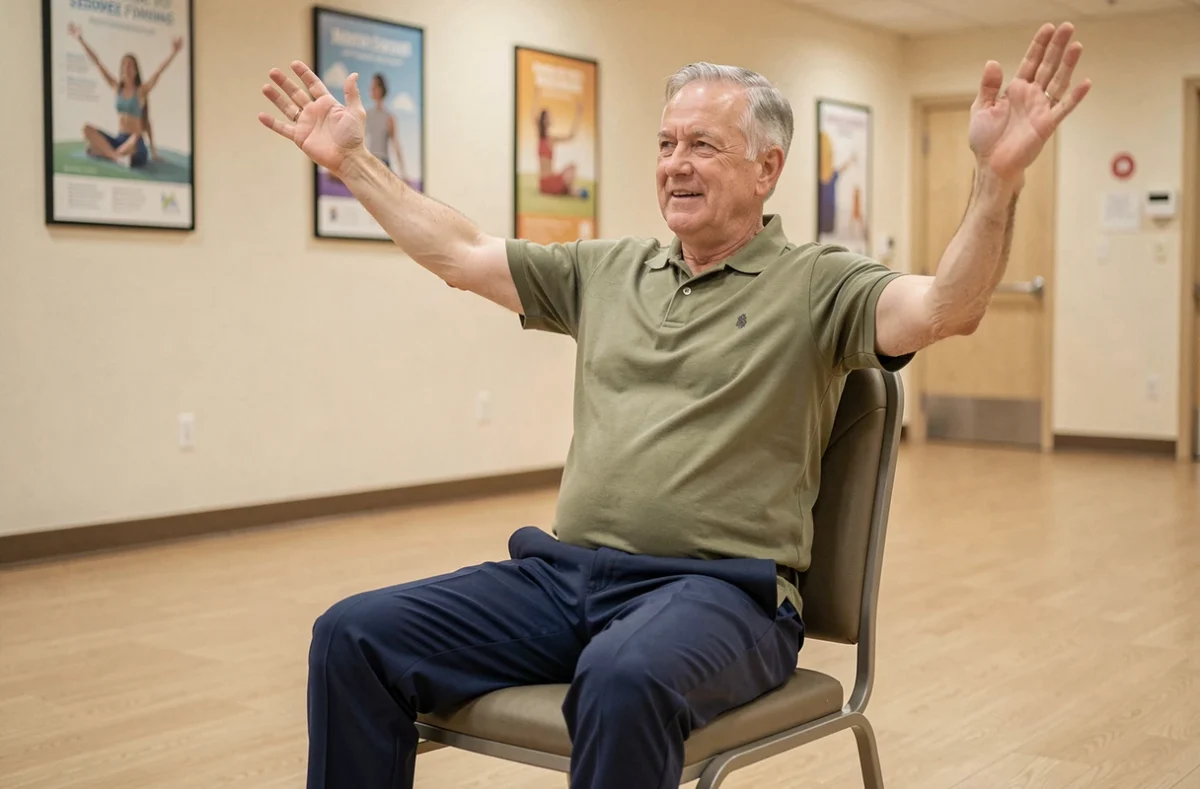 Homme senior pratiquant des exercices de gymnastique sur chaise avec dossier dans une salle communautaire