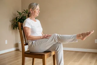 Femme senior faisant de la gymnastique sur chaise sans dossier dans un salon à domicile
