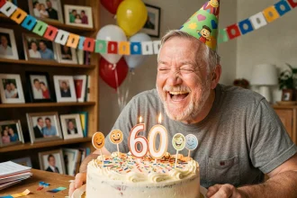 Homme de 60 ans souriant avec chapeau d'anniversaire qui souffle les bougies de son gâteau lors d'une fête humoristique