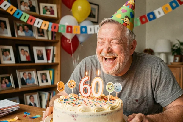 Homme de 60 ans souriant avec chapeau d'anniversaire qui souffle les bougies de son gâteau lors d'une fête humoristique