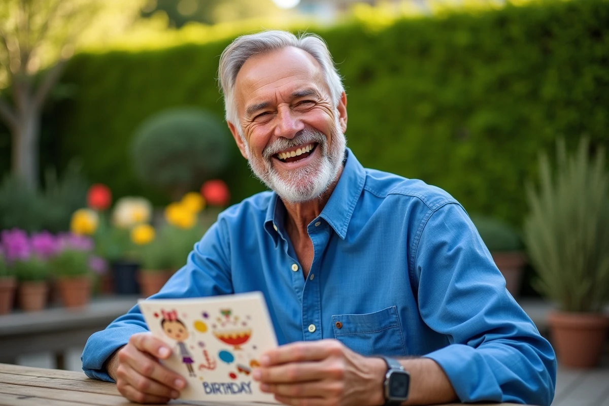 Homme de 70 ans souriant tenant une carte d'anniversaire humoristique dans un jardin fleuri