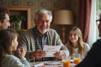 Homme de 70 ans souriant ouvrant une carte d anniversaire en famille