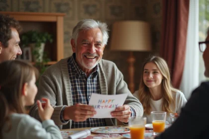 Homme de 70 ans souriant ouvrant une carte d anniversaire en famille