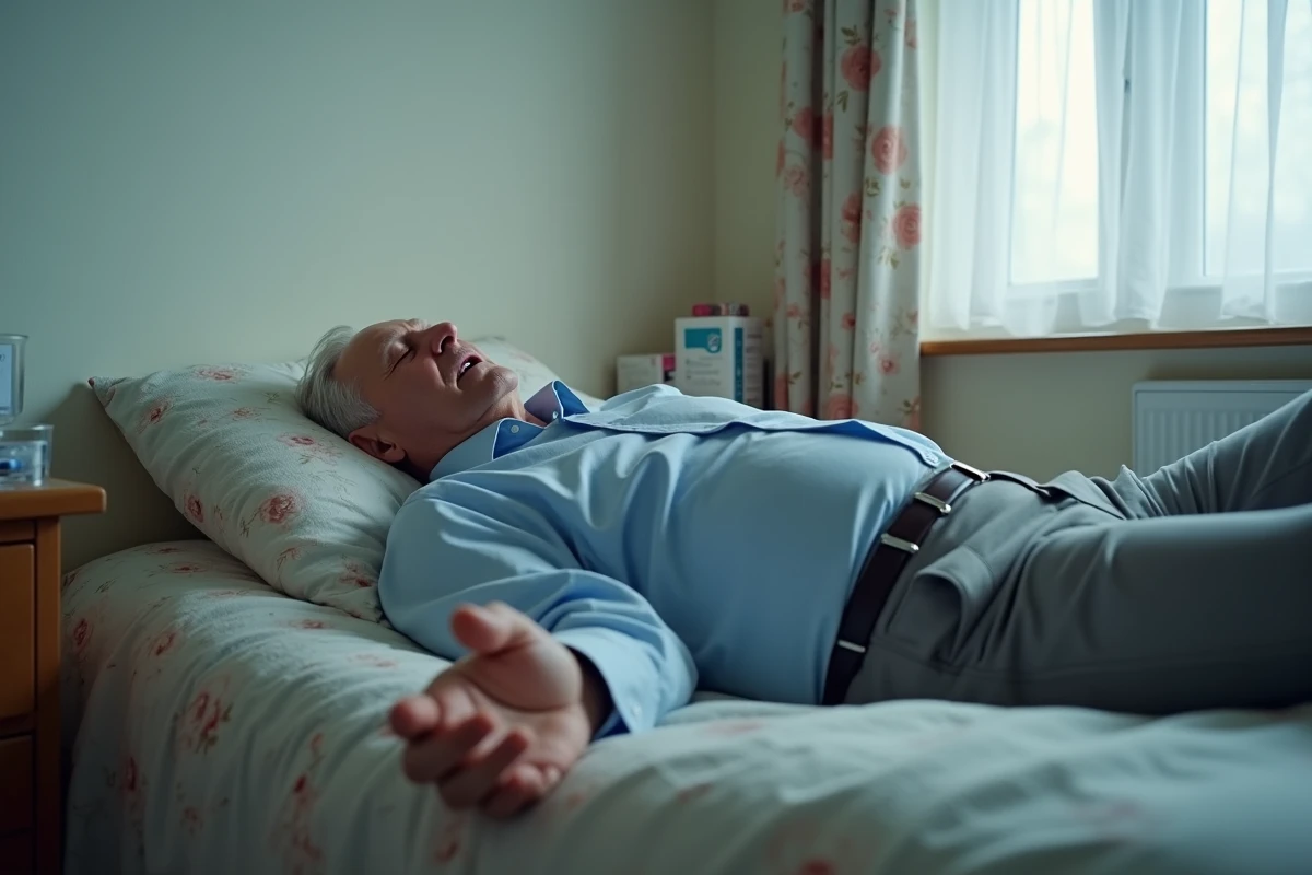 Homme âgé endormi habillé sur son lit en pleine journée, illustrant une somnolence excessive préoccupante chez le senior