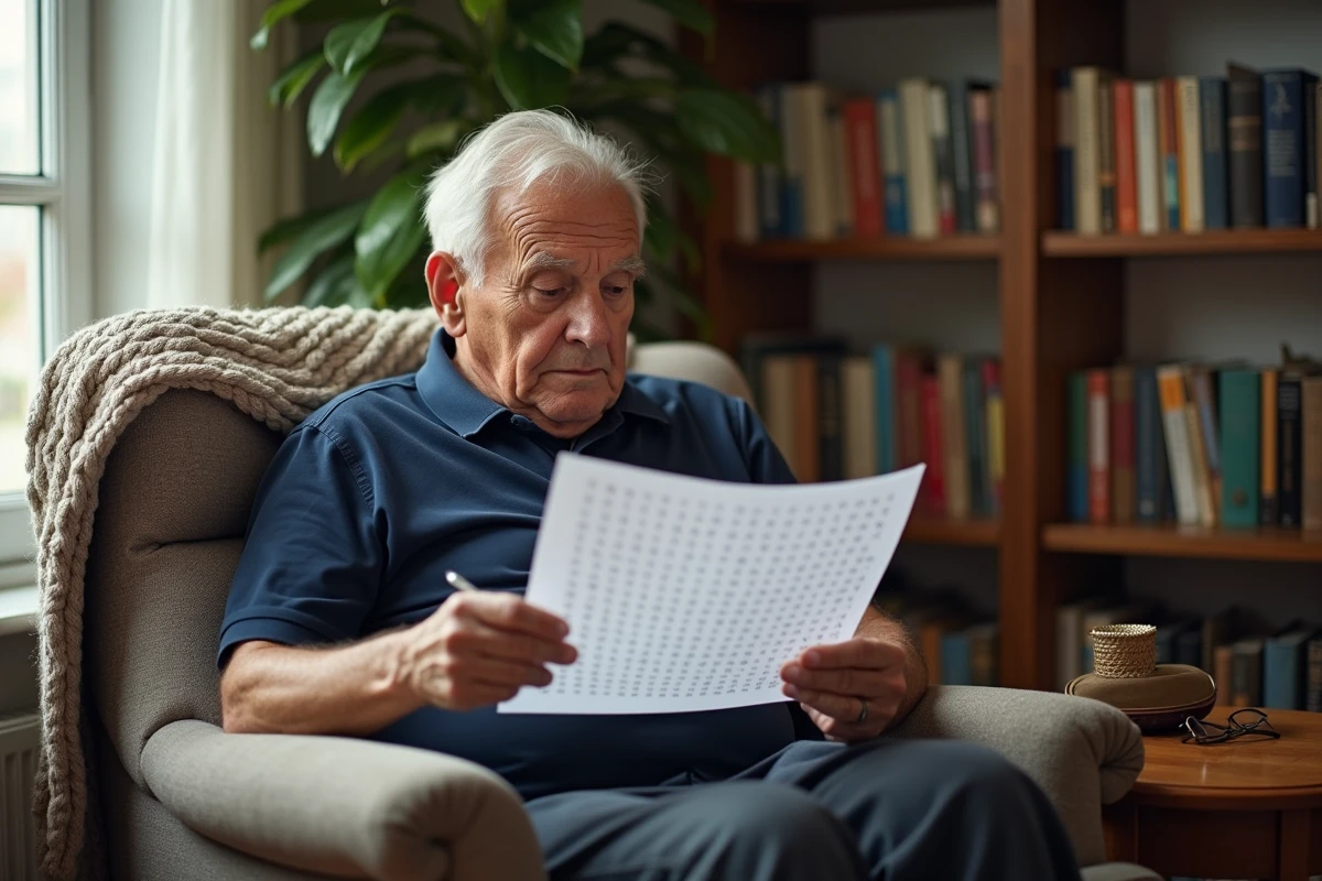 Homme âgé résolvant une grille de mots mêlés facile dans un fauteuil confortable au salon
