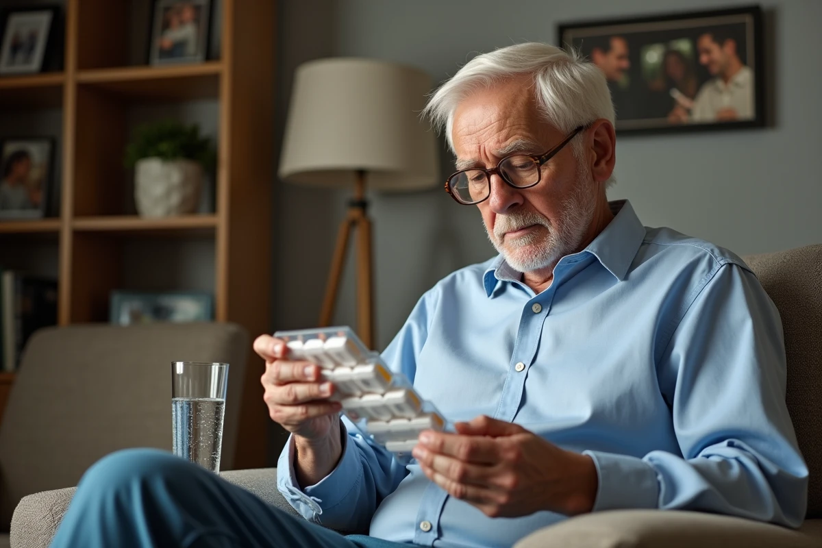 Homme agee vérifie son organisateur de medicaments dans le salon