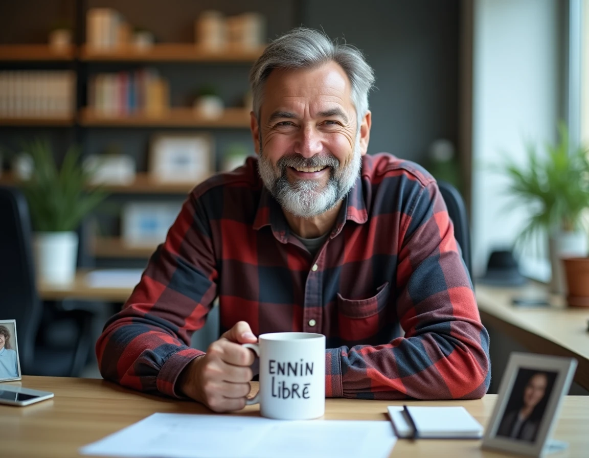 Homme souriant à son bureau vidé tenant une tasse humoristique le jour de son départ à la retraite