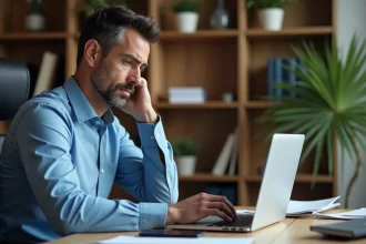Homme d'affaires français en bureau moderne lisant un avertissement de verrouillage de compte