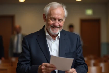 Homme agee en costume parlant lors d un evenement