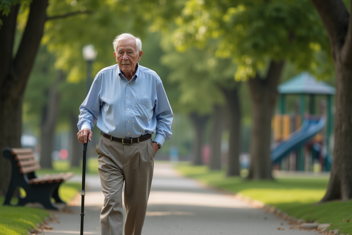 Homme âgé marchant dans un parc résidentiel calme