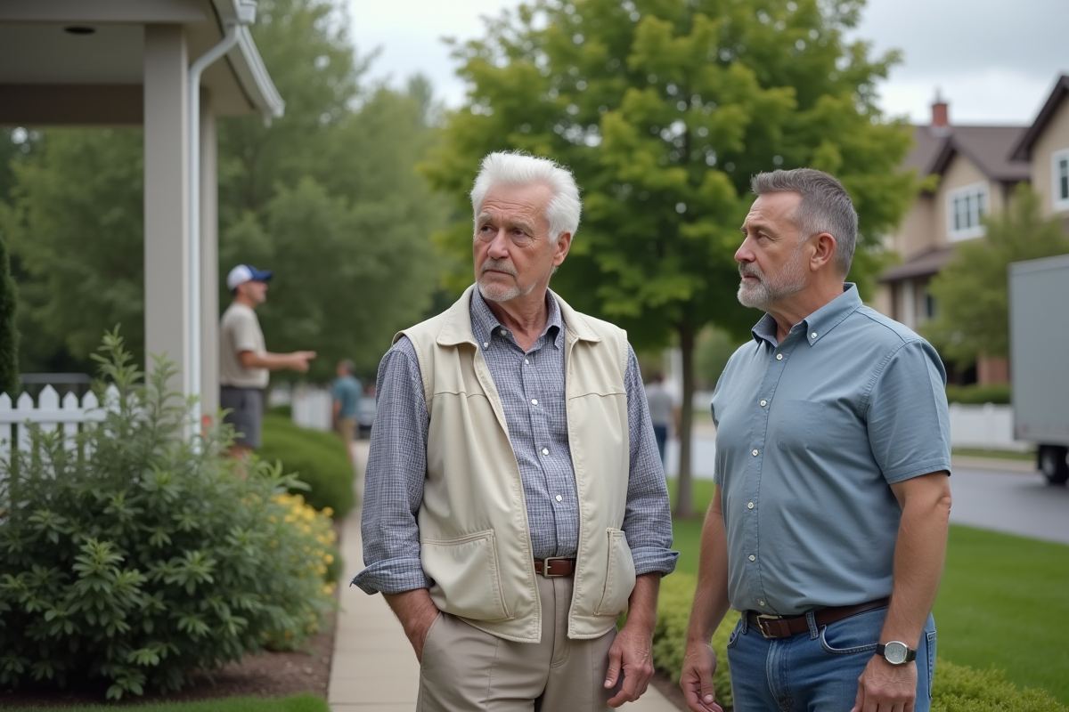 Homme âgé avec son fils devant une maison en transition