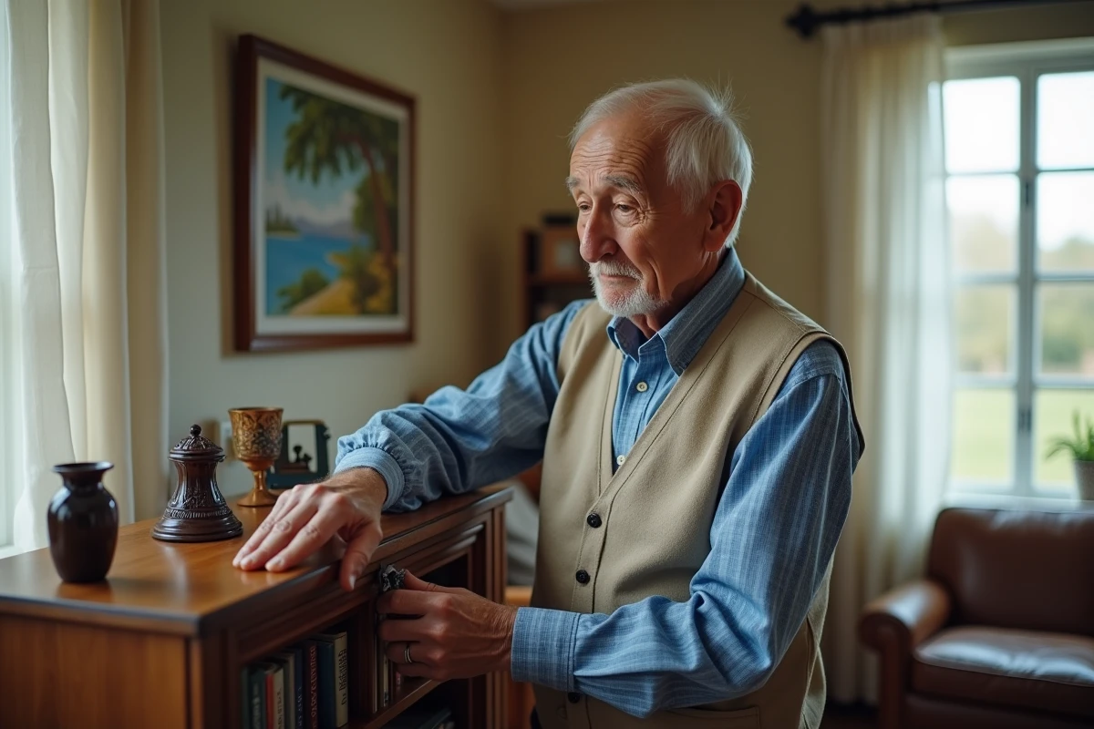 Homme âgé arrangeant ses souvenirs dans sa chambre
