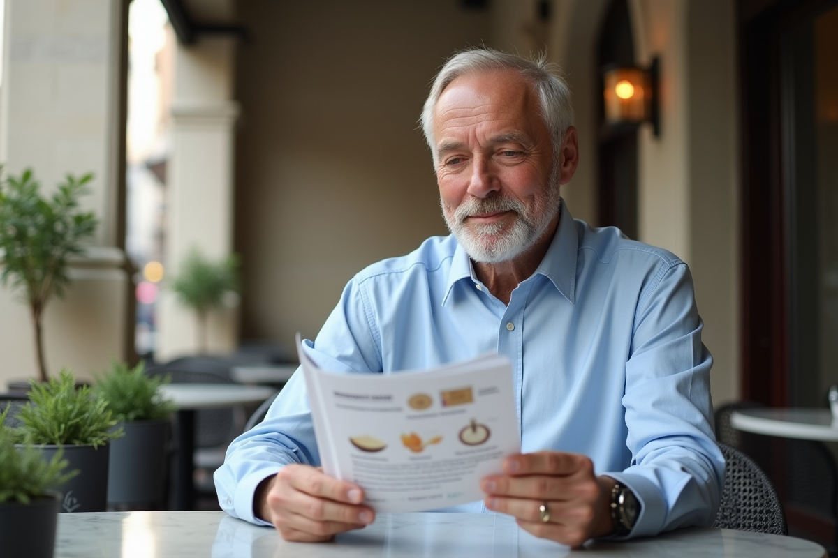 Homme lisant un dépliant sur les routines antiâge au café