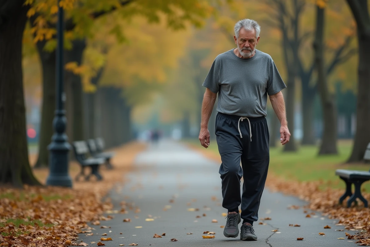 Homme d'âge mûr marchant avec difficulté dans un parc, illustrant la perte d'équilibre et la faiblesse musculaire des jambes