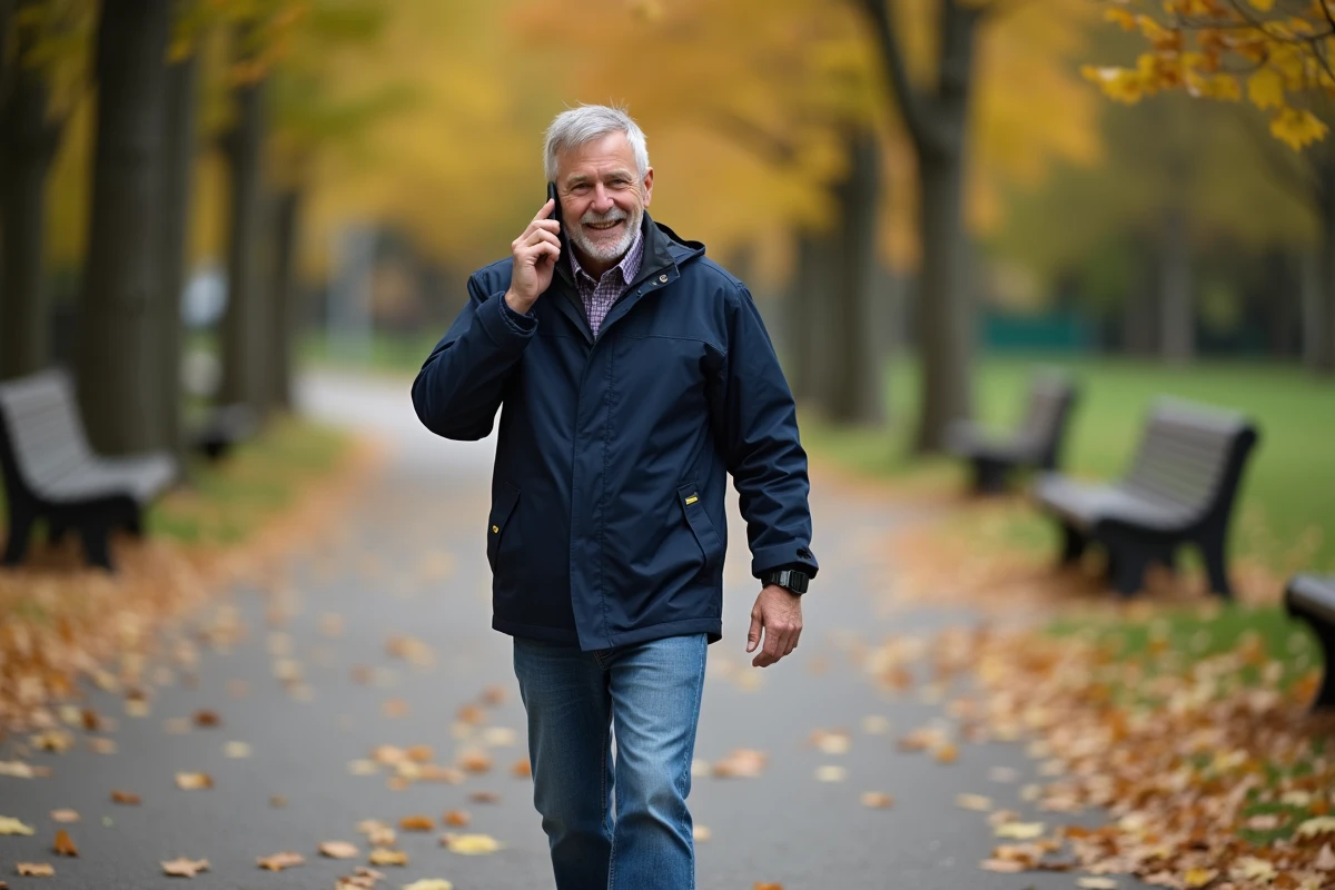 Homme marcheant dans le parc avec montre GPS de securite