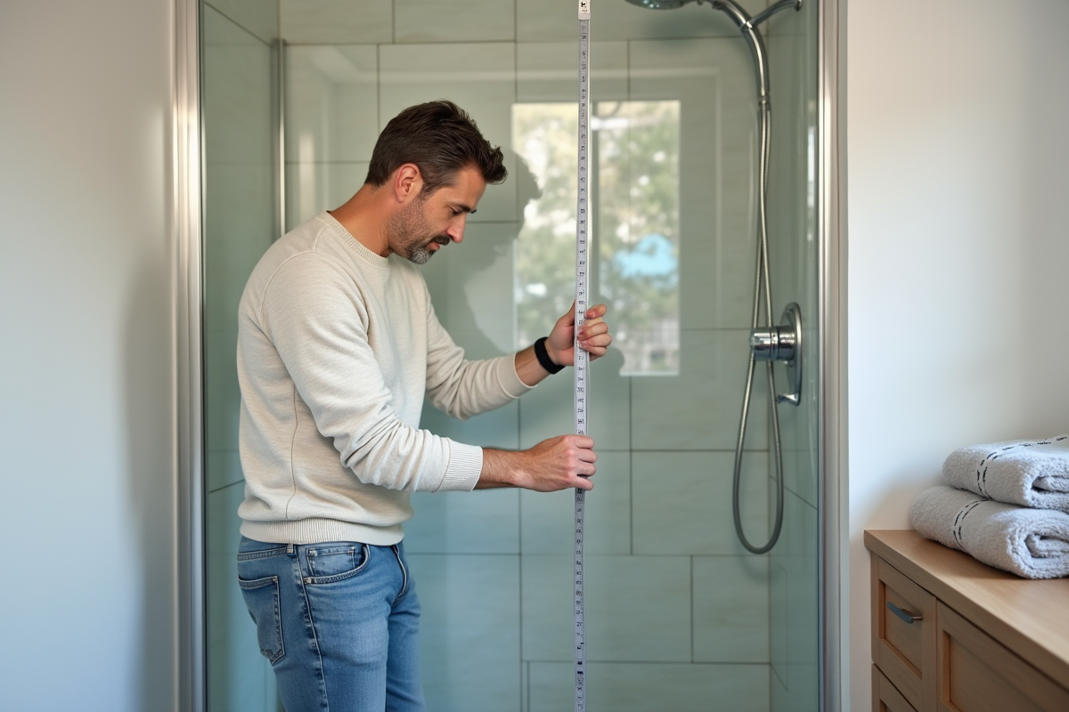 Homme mesurant la hauteur pour une nouvelle barre de douche