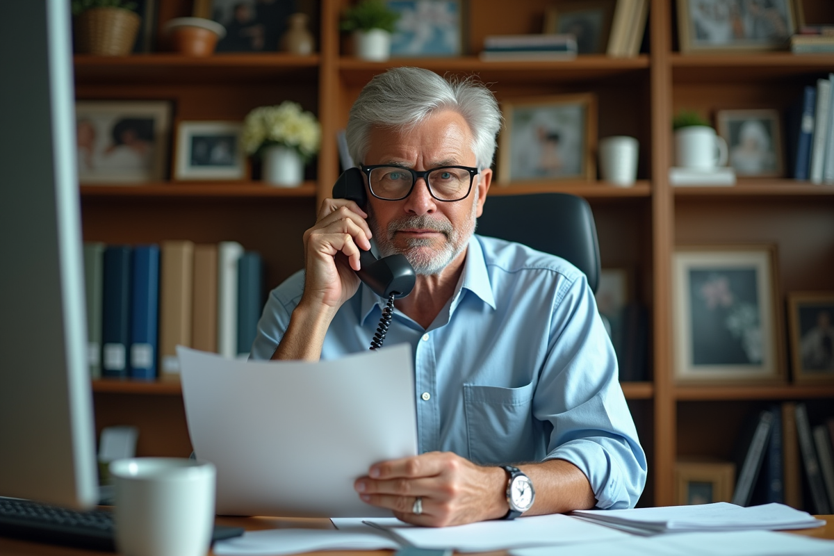 Homme d age moyen au bureau avec documents et téléphone